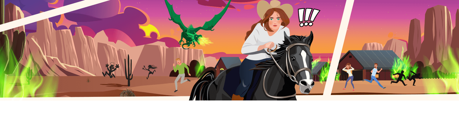 Cowgirl riding a horse, running away from a flames thowing green dragon 
