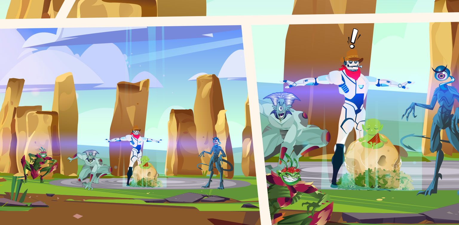 Group of aliens standing next to a baby goblin