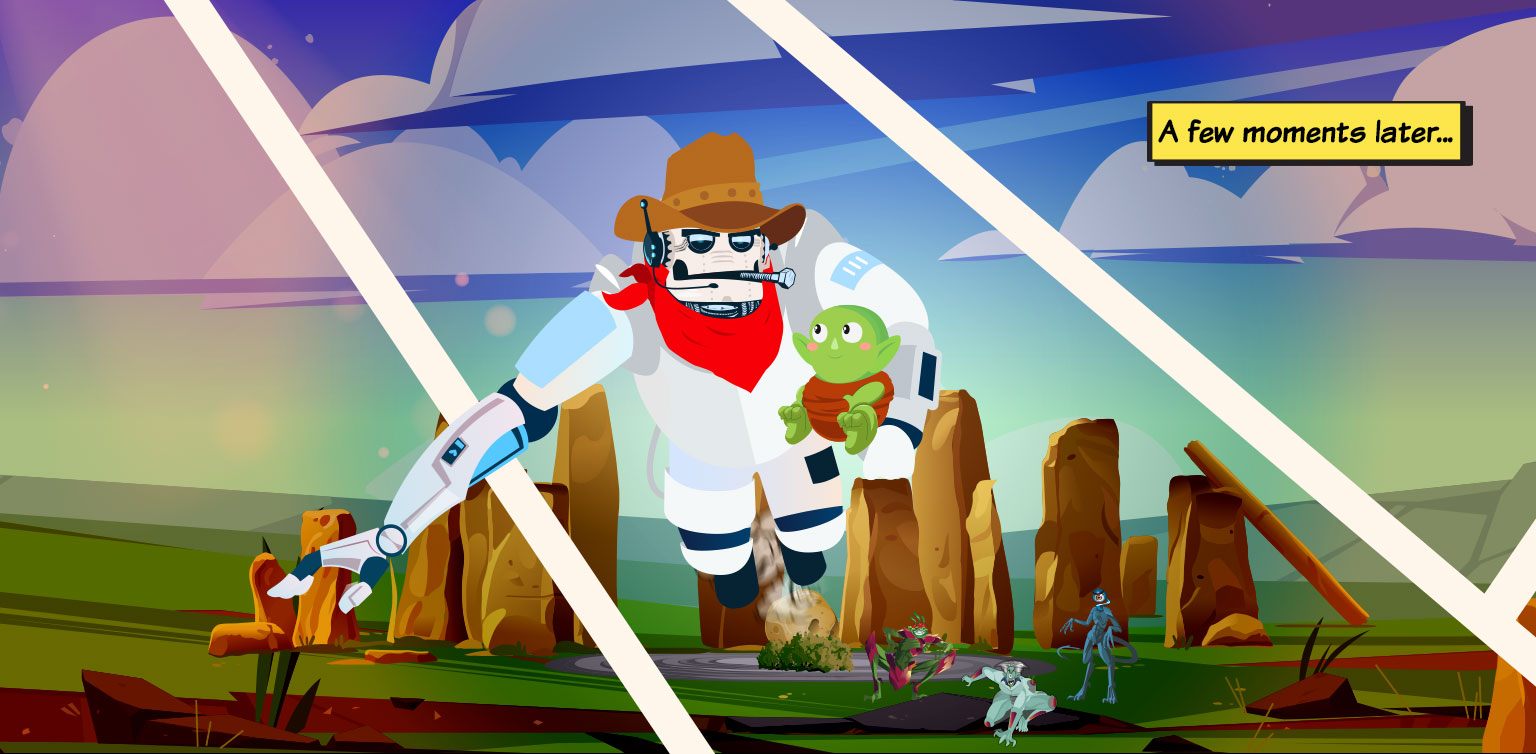 Robot carrying a baby goblin