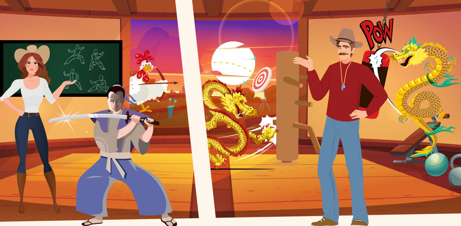 The Wild Adventures of Red Stag Various animated characters training in different combat techniques