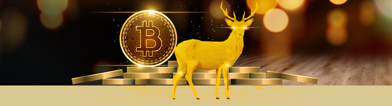 golden deer in front of huge bitcoin coins pile