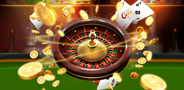 roulette wheel on a green table with coins paying out of it and poker cards on the back