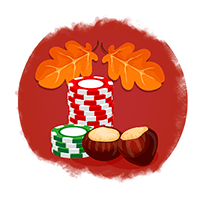 Pile of poker chips with autumn leaves above it and hazelnuts next to it