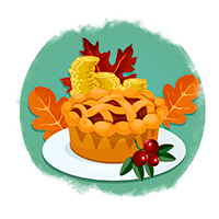 Cherry pie with autumn leaves and gold coins behind it