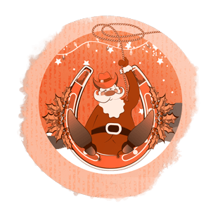 Santa cowboy sitting on a horse shoe