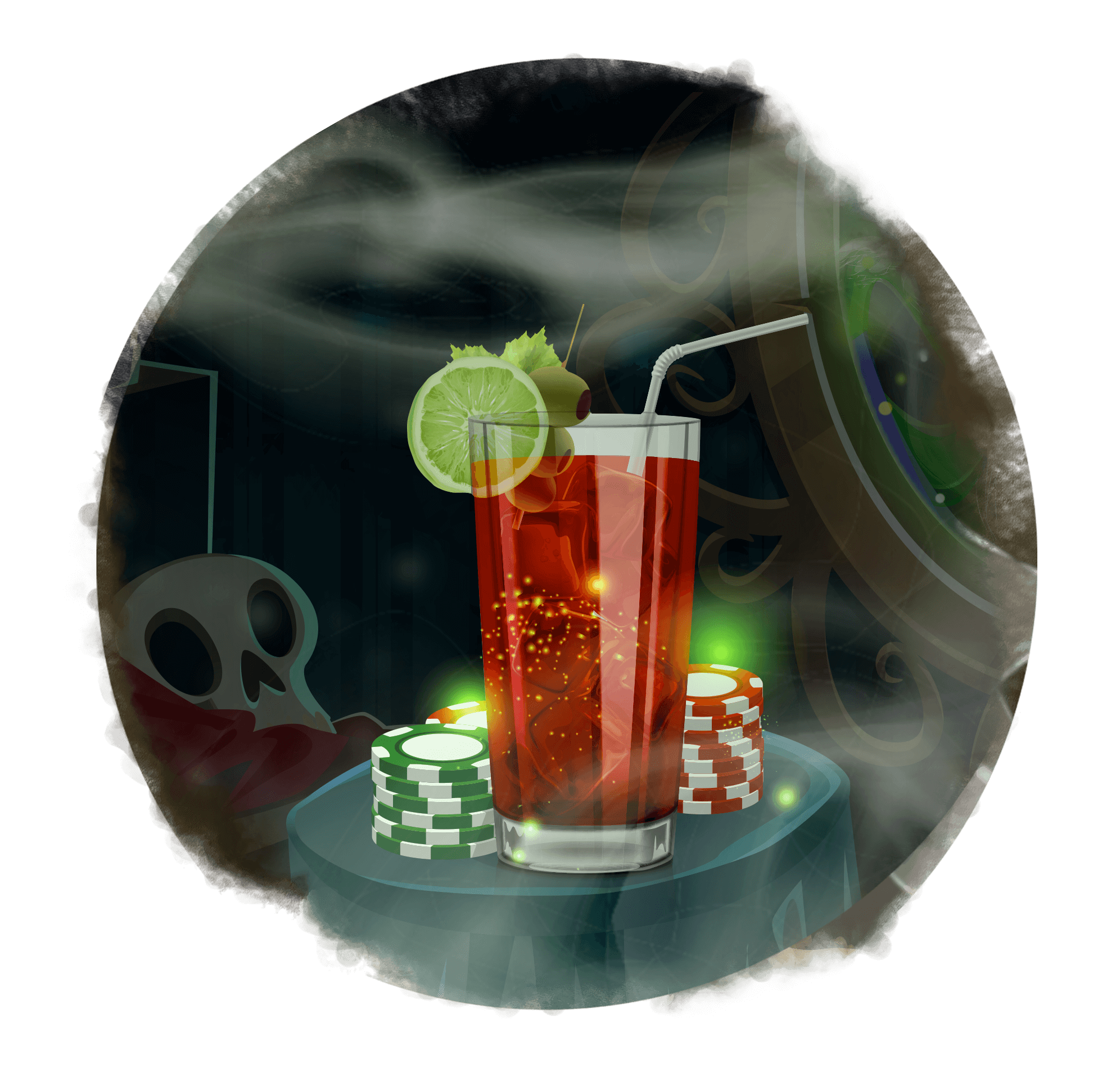 Bloody Mary cocktail with poker chips next to it