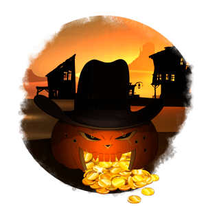 Jack-o-lantern with a cowboy hat on and golden coins coming out of its mouth