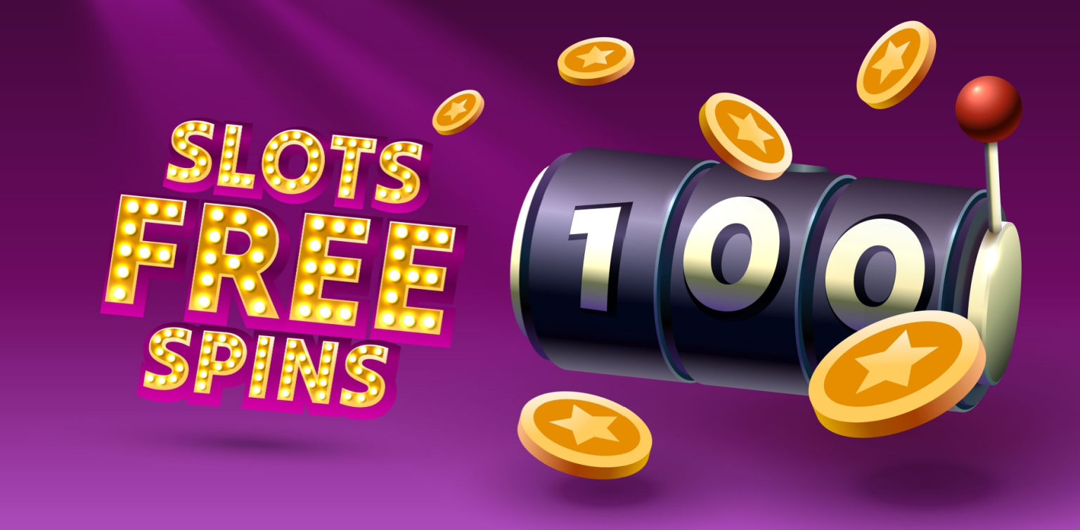 An image of a 3 reel slot barrel displaying ‘100’ with the words ‘slots free spins’ in gold show lights on a purple background