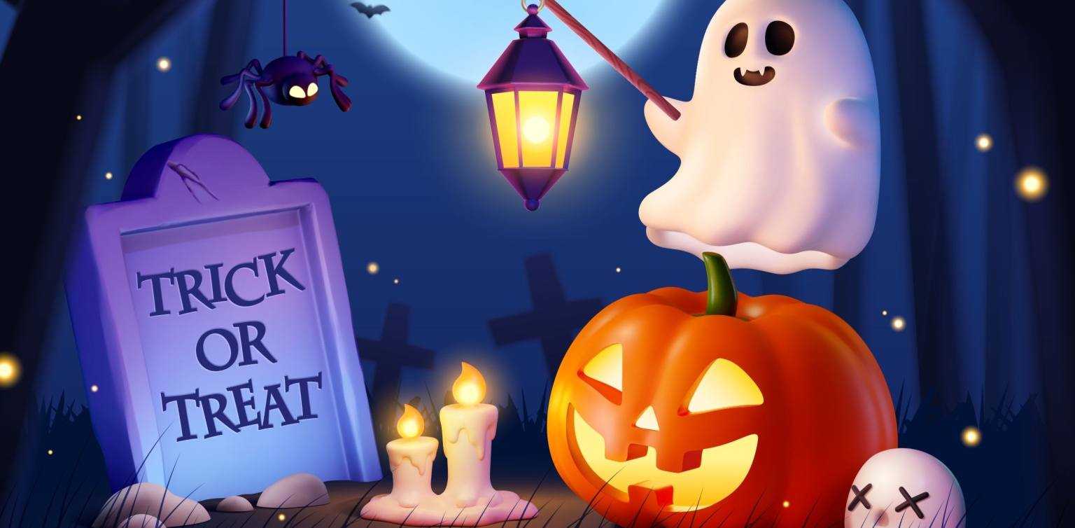 An animated 3D image of a ghost on a jack o lantern with a tombstone in a graveyard during full moon