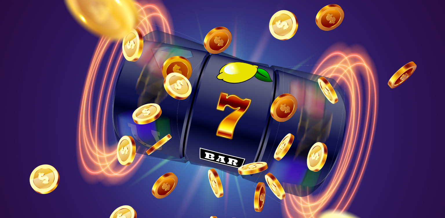 An illustration of a spinning 3 reel slot set surrounded by an explosion of gold coins on a blue background