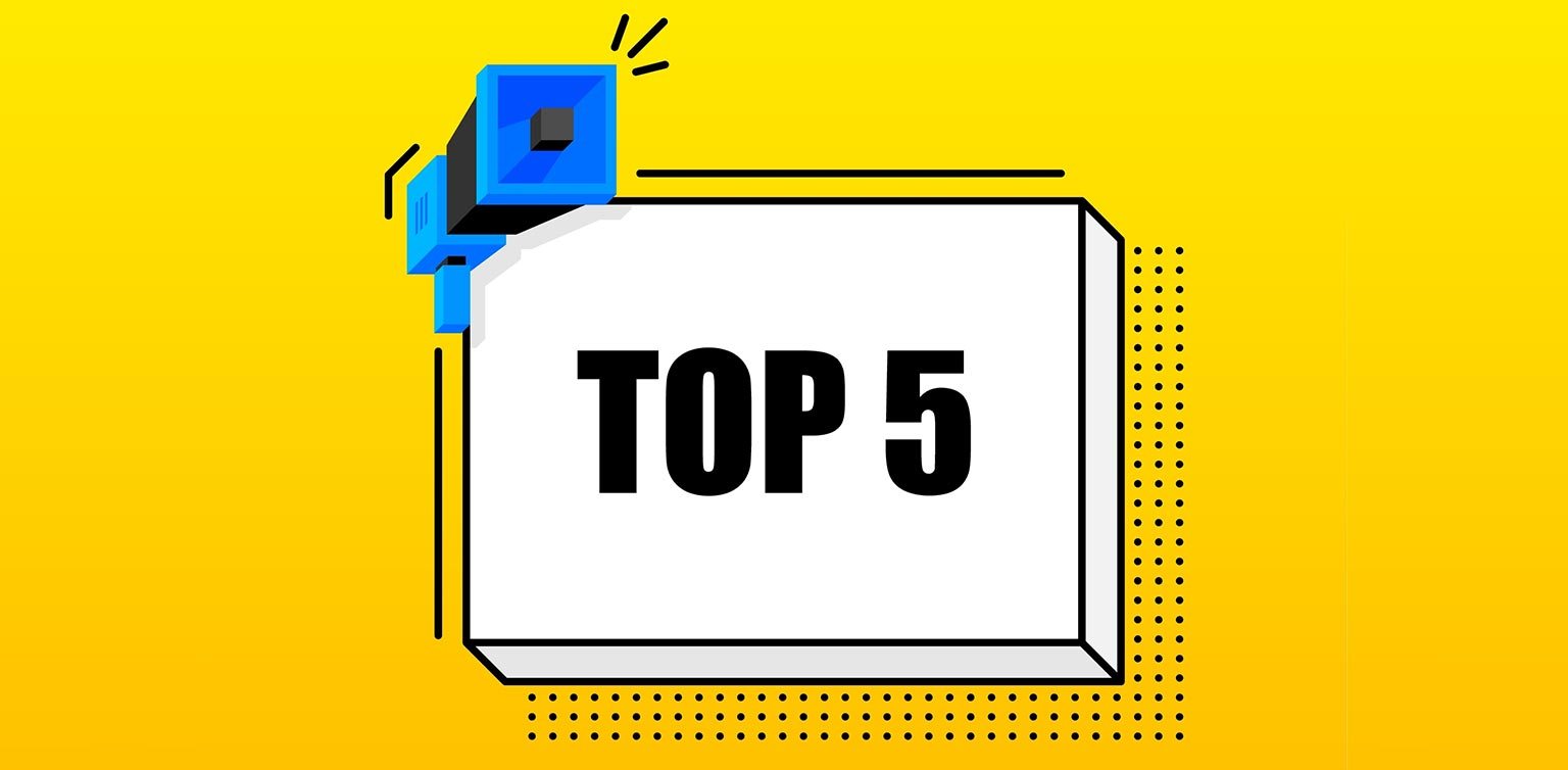An illustration of a blue loudspeaker and the words TOP 5 on a white square against a yellow background