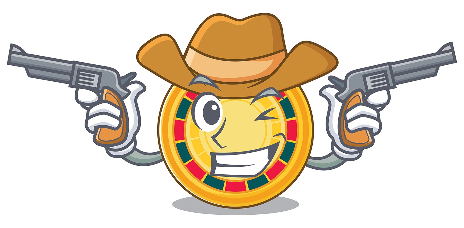 An illustration of a animated roulette wheel wearing a cowboy hat, toting two handguns and winking one eye isolated on white