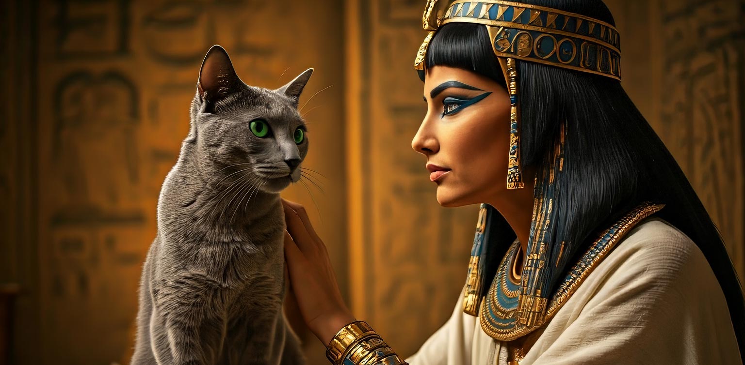 A photo-realistic image of a beautiful Egyptian queen petting a grey cat