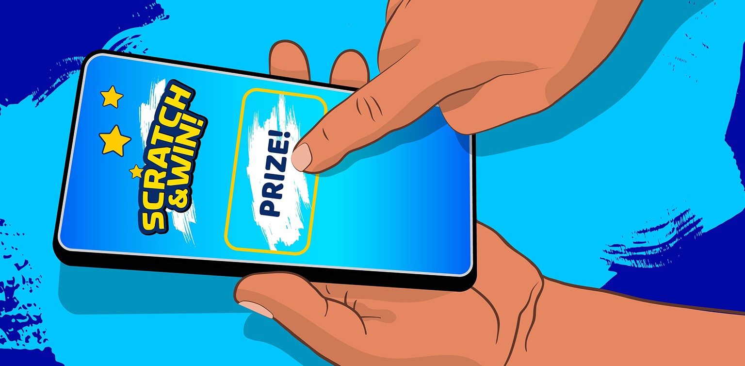 A pop art styled illustration of hands playing a scratch and win game on a smart phone on a blue background