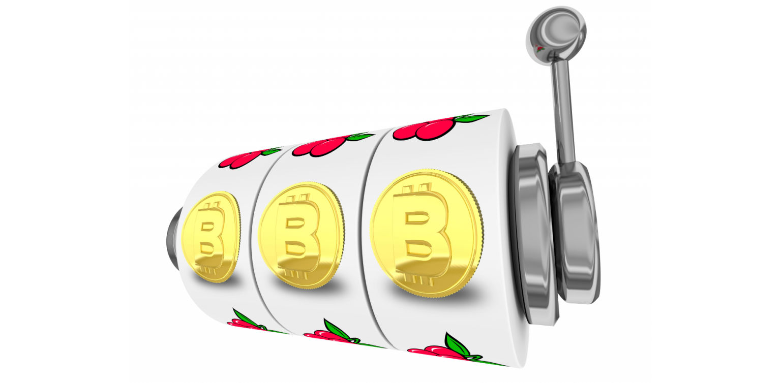 An illustration of a classic three reel slot barrel with a gold bitcoin on each reel isolated on white