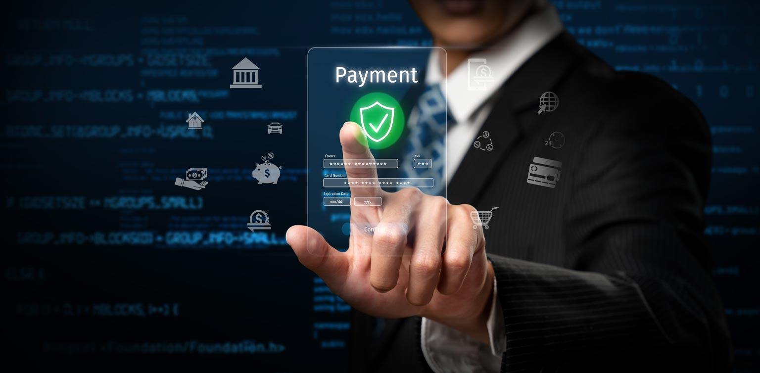 An illustration of a man pointing at a see-through mobile touchscreen showcasing a secure payment method on a dark background