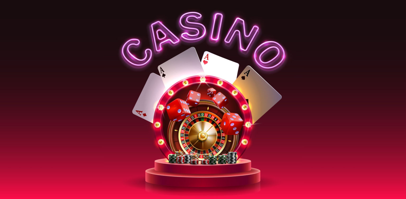 An illustration of a roulette wheel, casino chips, dice, cards on a podium with lights and ‘Casino’ in pink neon above