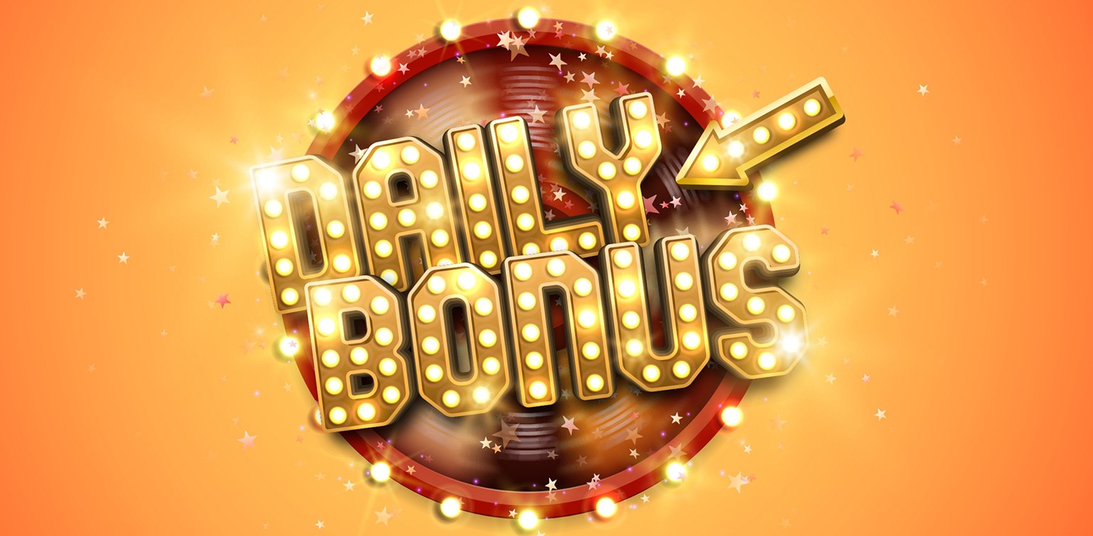An illustration of a wheel of fortune and an arrow pointing at the words Daily Bonus, trimmed in lights on a orange background