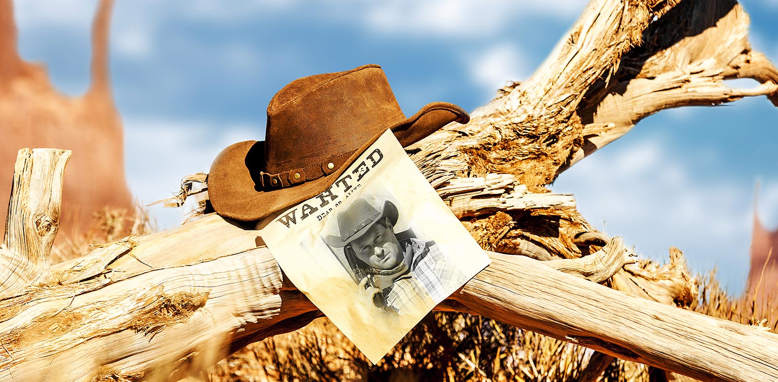 An image of a vintage ‘Wanted’ poster and Stetson hat against a dried out log in a desert landscape 