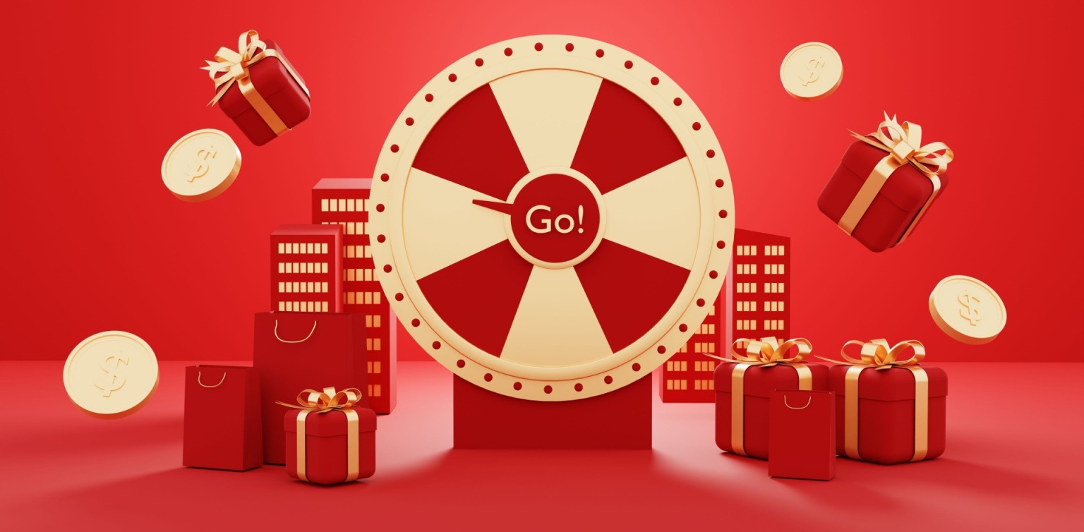 A lucky red concept with a gold and red bonus wheel with gold dollar coins and red gift boxes on a red background