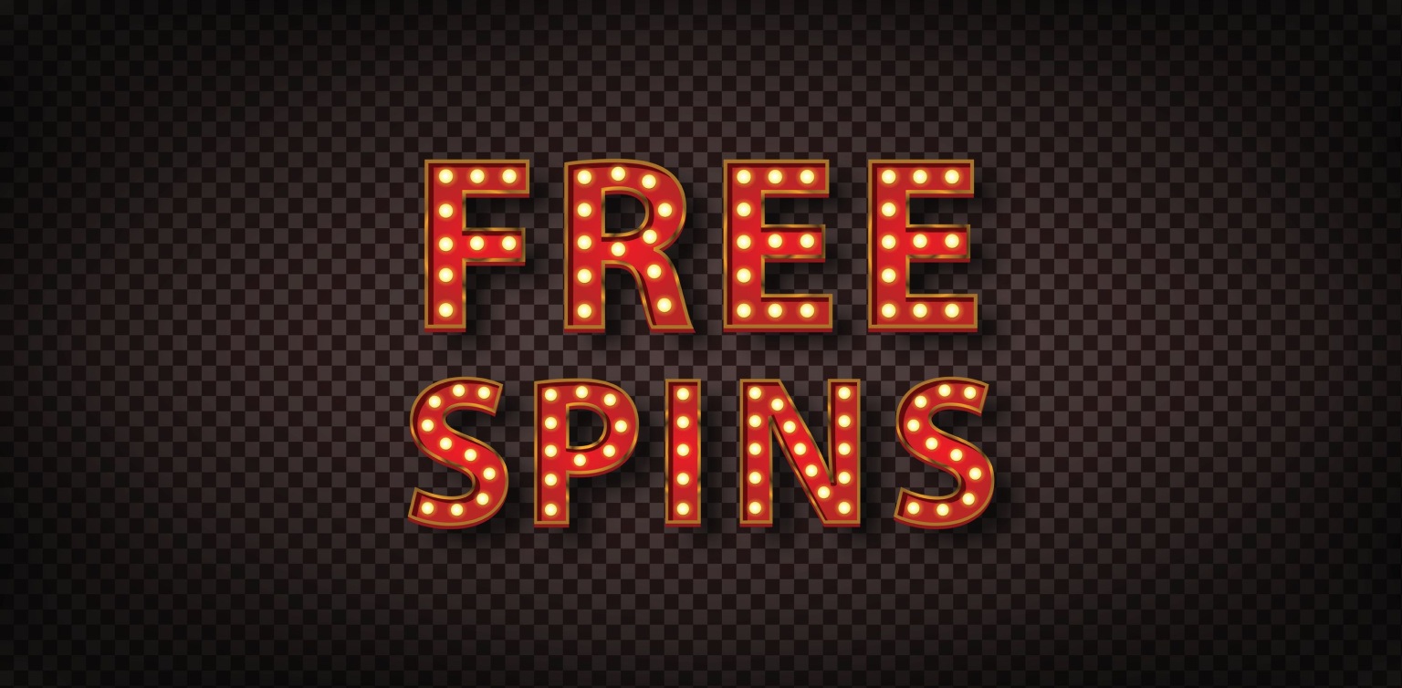 A neon marquee Free Spins sign in red with gold lights on a dark background