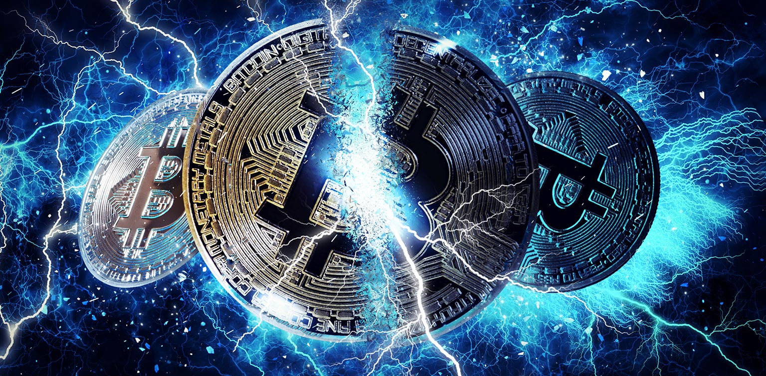 An illustration of bitcoins surrounded by lightning bolts on a dark background 