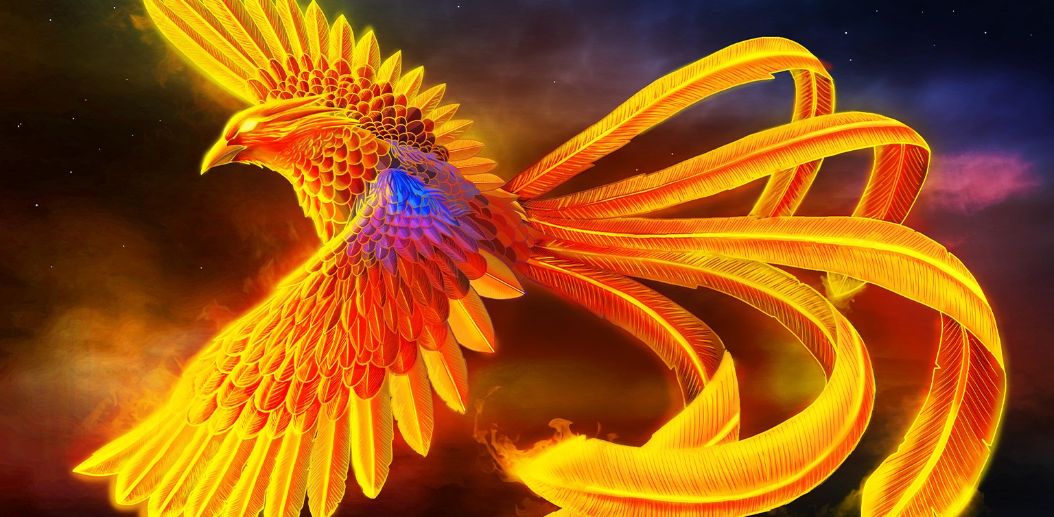 An illustration of the mythical phoenix flying against a dark sky