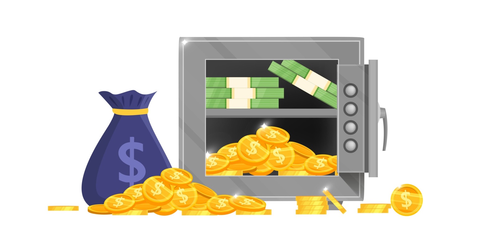 drawing of an open vault with a bag of money, cash, and coins all about