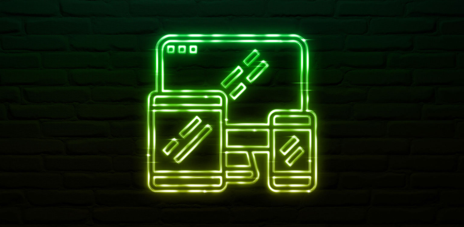 An illustration of a cross-platform concept with a desktop PC, table and mobile phone in neon green on a dark background