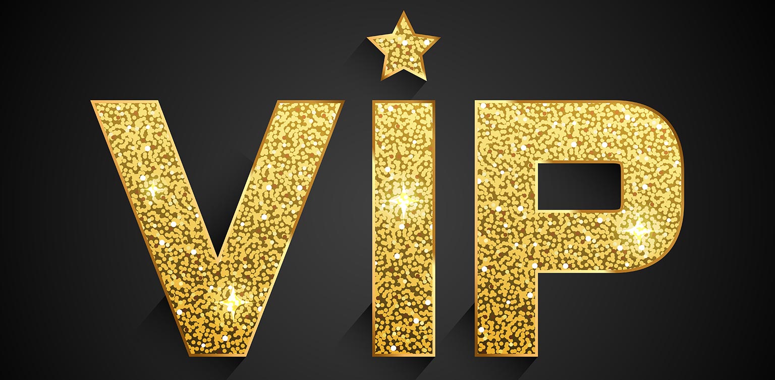 An illustration of large sparkly gold letters spelling ‘VIP’ on a dark background