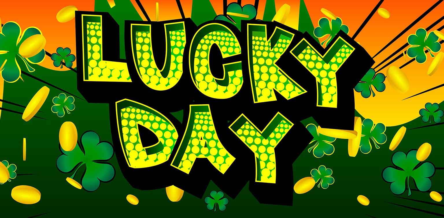 A comic book style lucky day St Patrick’s Day concept poster with gold coins and four leaf clovers