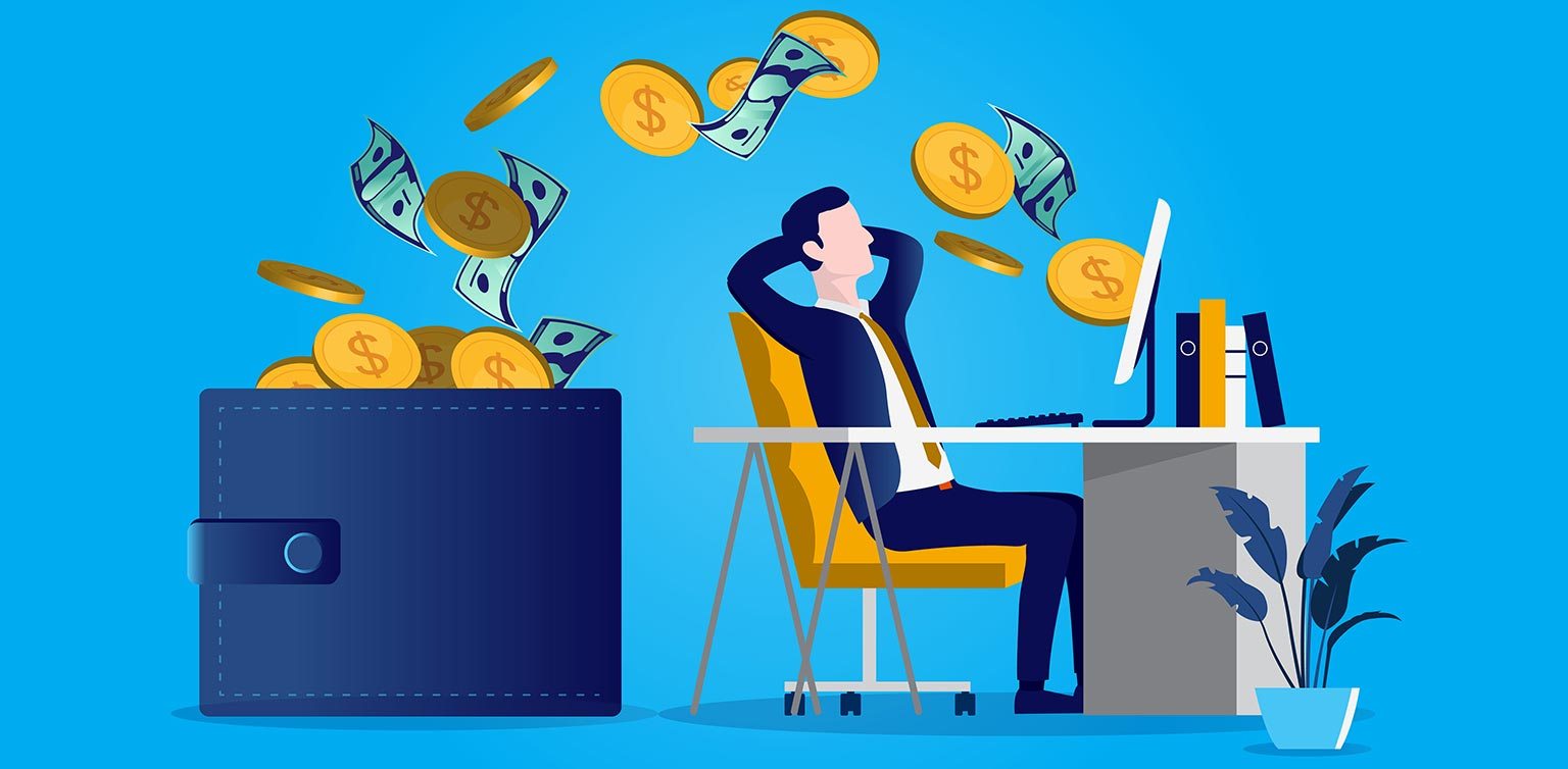 An illustration of a man sitting in front of a computer spewing coins, bank notes over his head into a large wallet