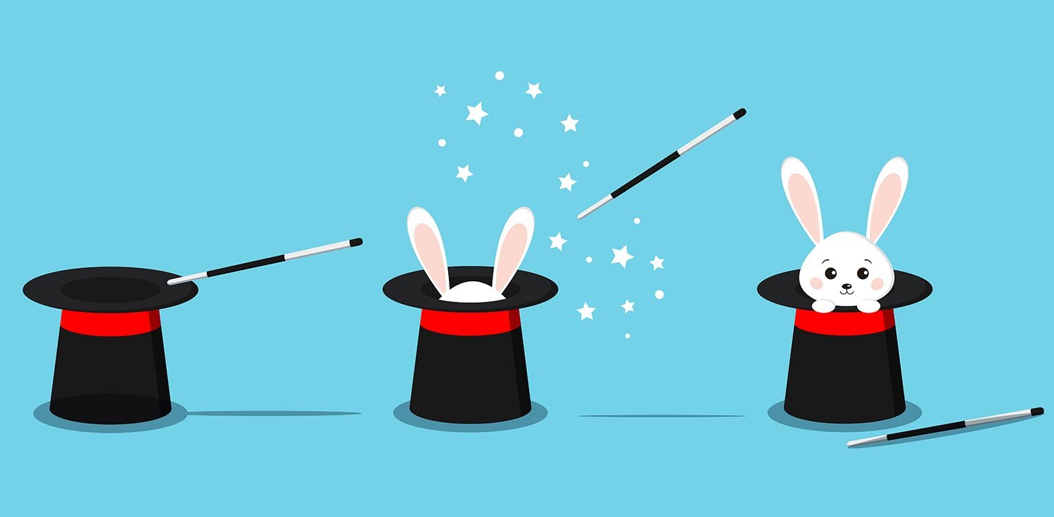 A vector image of 3 magician’s hats and wands with a white bunny progressively emerging from the middle and right hand hats