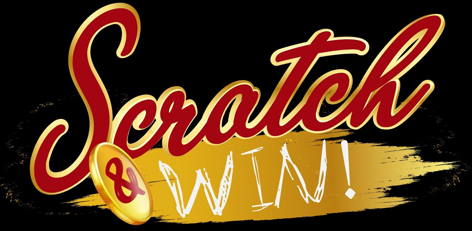 A red and gold scratch and win illustration on a black background