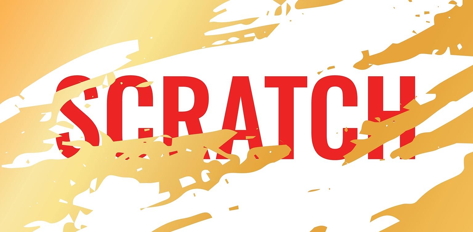 An illustration of a used gold scratch card revealing the red word 'scratch'