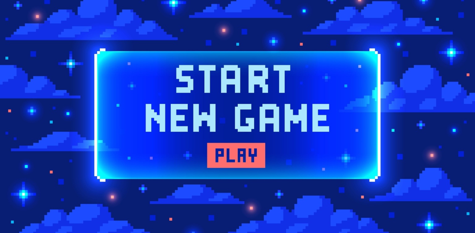 A blue design of an 8-bit computer game displaying ‘start new game’ and ‘play’