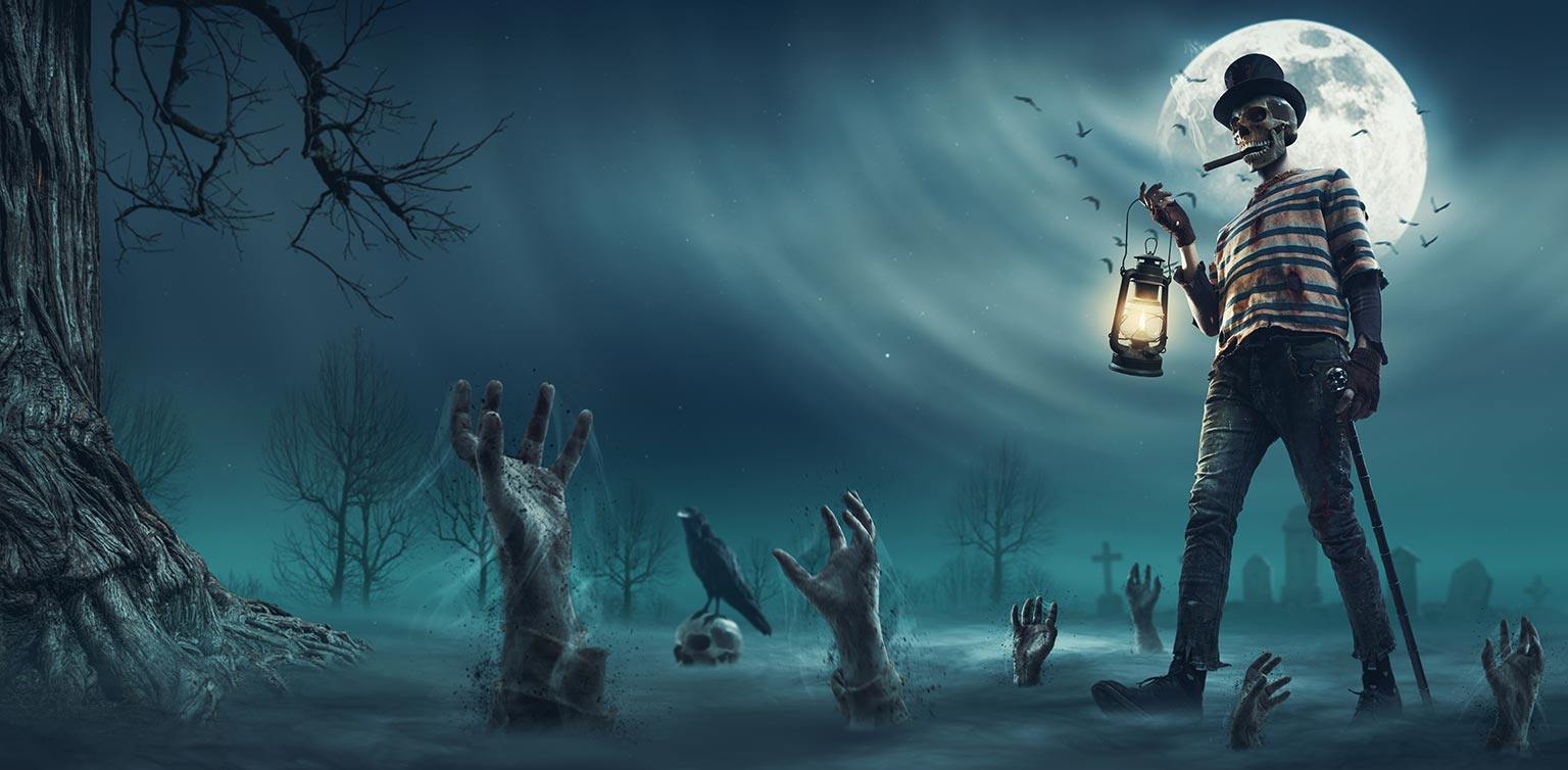 An image of a zombie smoking a cigar and holding a lantern as he walks through hands emerging from the ground