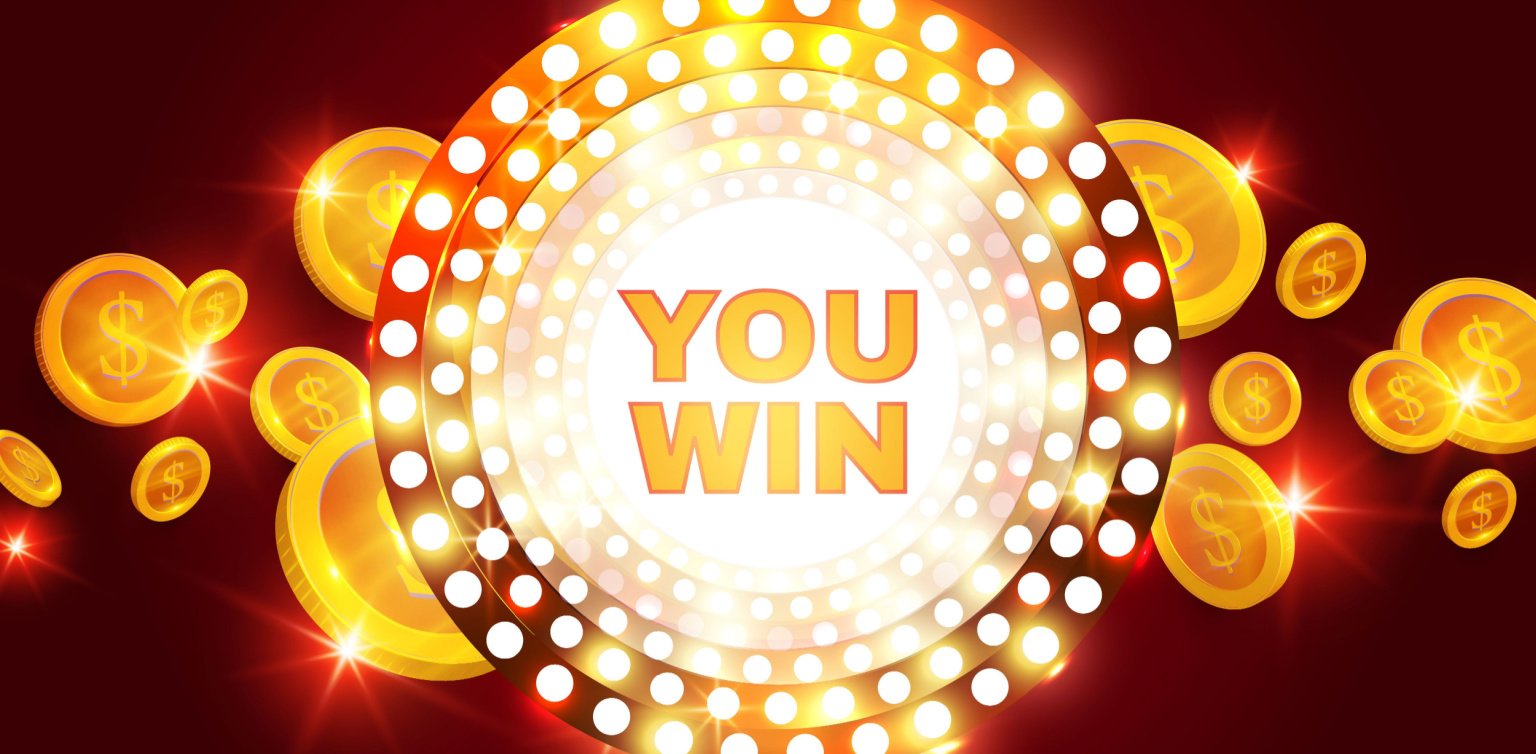 A golden round retro ‘You Win’ banner with show lights and gold coins on a red background 