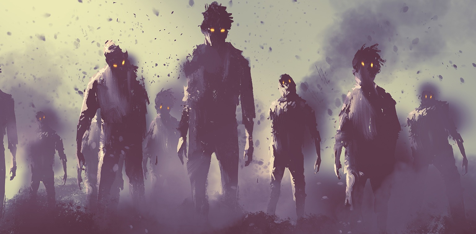 An illustration of a group of zombies with blazing red eyes walking forward in a grey and gloomy apocalyptic landscape