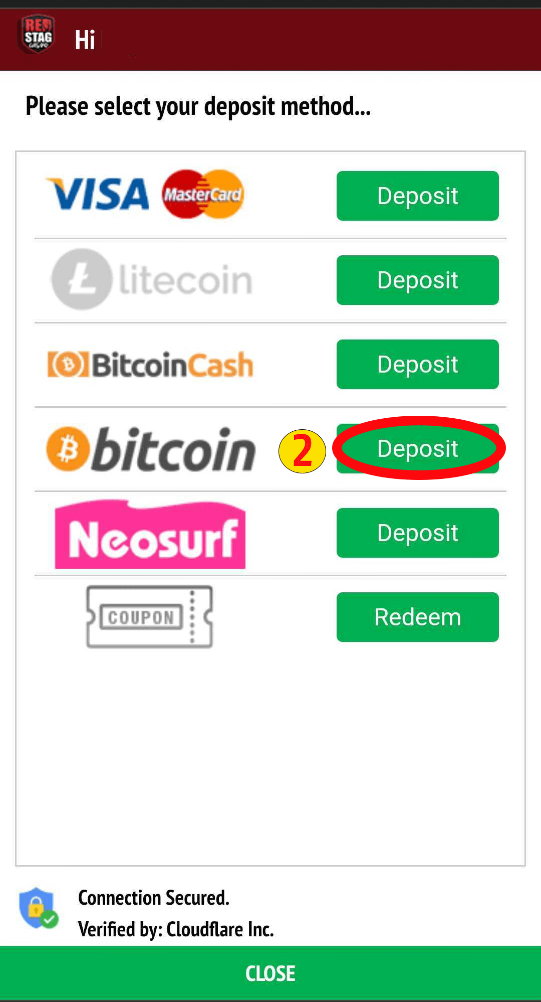 Screenshot displaying different deposit methods